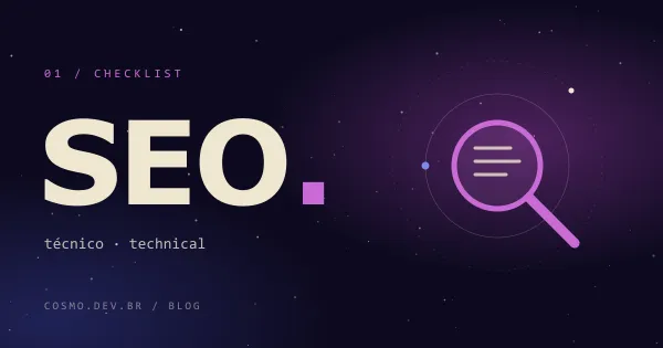 Capa do artigo: a palavra SEO em destaque ao lado de uma lupa em órbita, sobre um céu estrelado roxo.