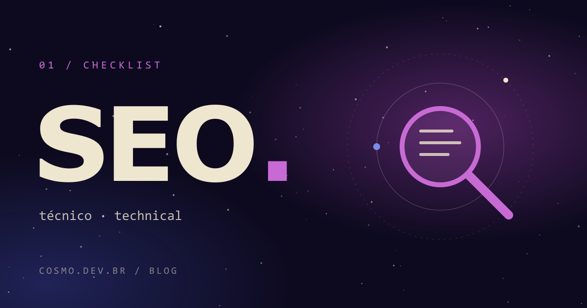 Capa do artigo: a palavra SEO em destaque ao lado de uma lupa em órbita, sobre um céu estrelado roxo.