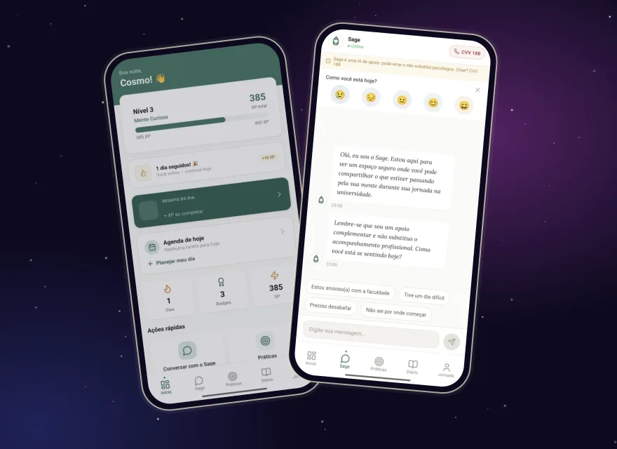 Telas do MindUni: início com nível, XP e desafio do dia, e a conversa com o Sage.