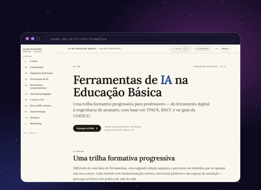 Página inicial da trilha formativa IA na Educação Básica, com o sumário dos oito módulos.